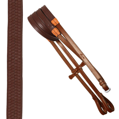ExionPro Comfortable Broad Free Ear Anatomic Shape Mono Crown Piece Fancy Stitched Figure 8 Padded Noseband English Bridle & Rubber Reins (Conker, Vegetable Tanned Leather - Over Size)