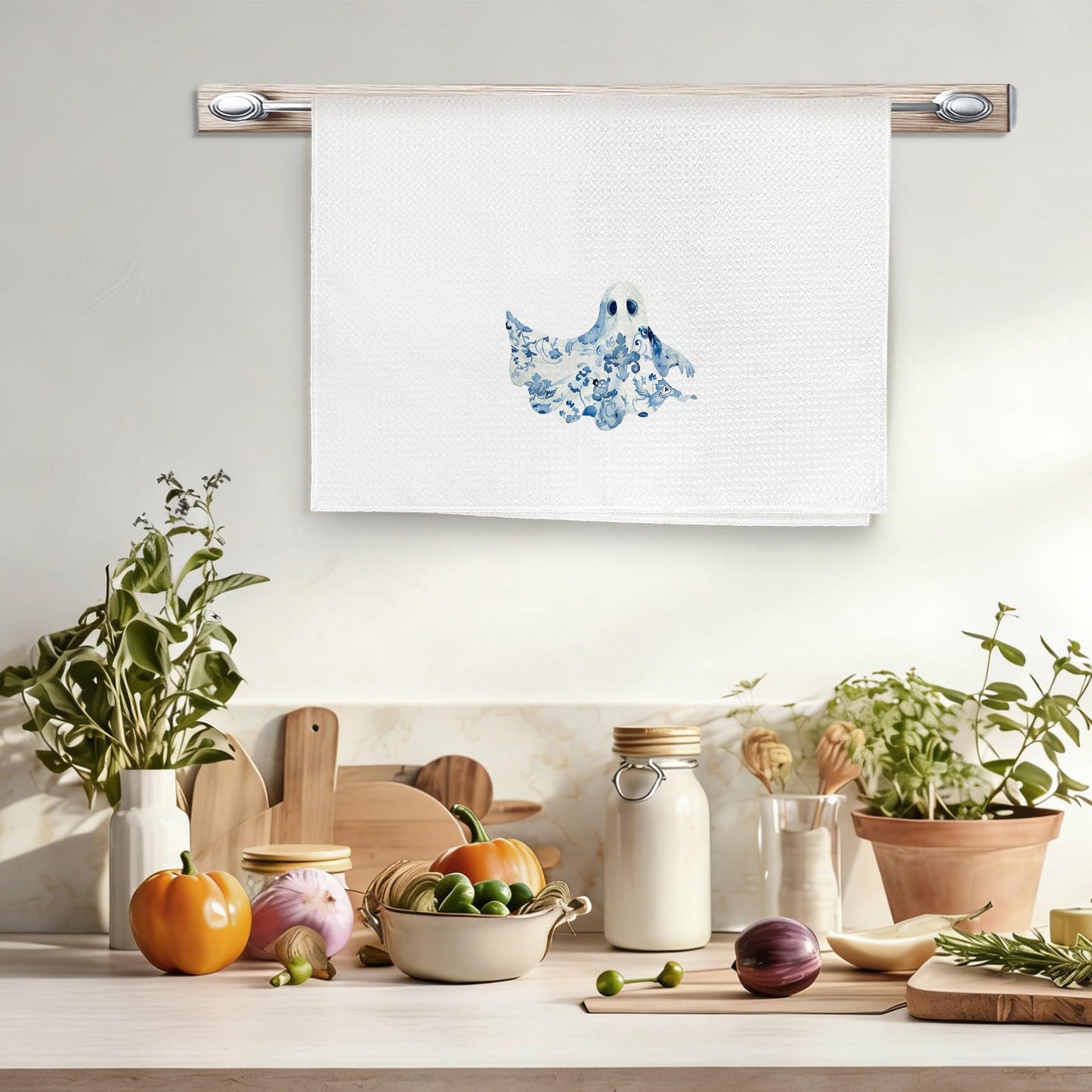 EGBTL Chinoiserie Halloween Ghost Kitchen Towels, Blue and White Chinoiserie Floral Ghost Hand Towels for Bathroom Decor, Grand Millenial Halloween Dishcloths Dish Towel for Kitchen 16x24 Inches