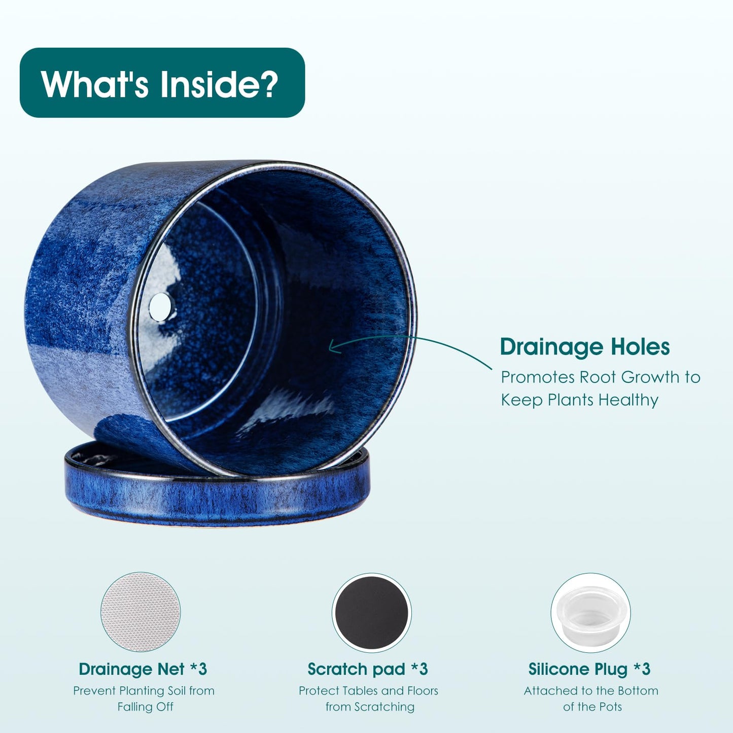 vancasso Ceramic Planters, Plant Pots for Indoor Plants, 6.25+8.25+10.25 Inch Ceramic Pots for Plants, Flower Pots with Drainage Holes (Blue, 6.25+8.25+10.25 Inch)