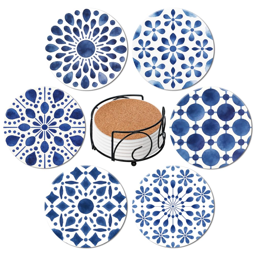 ANATTASOUL Ceramic Coasters Set of 6 with Holder Blue Abstract Patterns Absorbent Drink Coasters for Home Decor, 4.05" Round Marble Coasters for Coffee Table, Kitchen, Bar Decor Housewarming Gifts