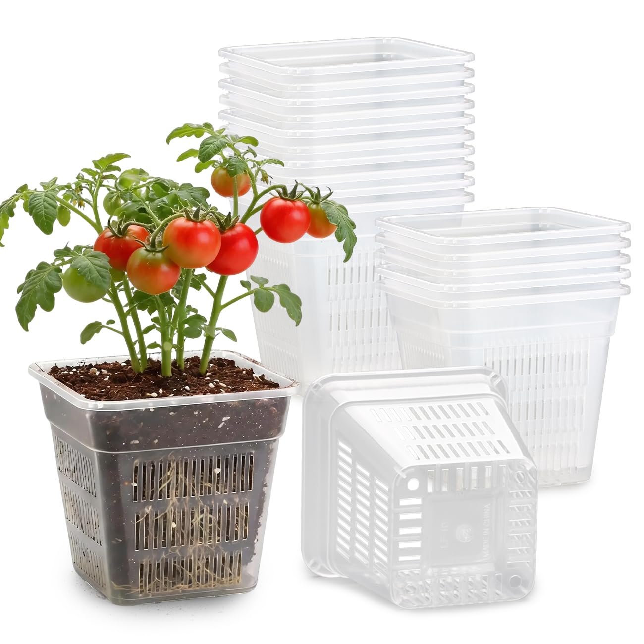 BTPLASTIK Clear Square Nursery Pots, 15 Packs 6 Inch Hydroponics Growing Square Pots, Transparent Plastic Plant Pots for Seed Starting, Root Cutting