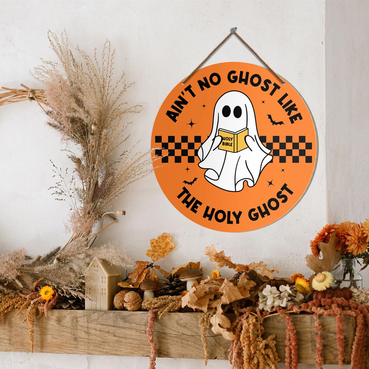 Fall Halloween Decor Sign, Ghost Door Sign, Rustic Welcome Plaque, Halloween Religious Ghost Home Decor, Bible Verse Front Porch Sign, Christian Gifts for Women Men