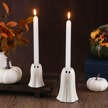 Reallnaive 2 Pcs Halloween Ghost Candlestick Holders Cute Ghost Shape Candle Stick Holders Ceramic Taper Candleholder for Holiday Wedding Party Home Decorative Table Centerpiece Not Included Candle