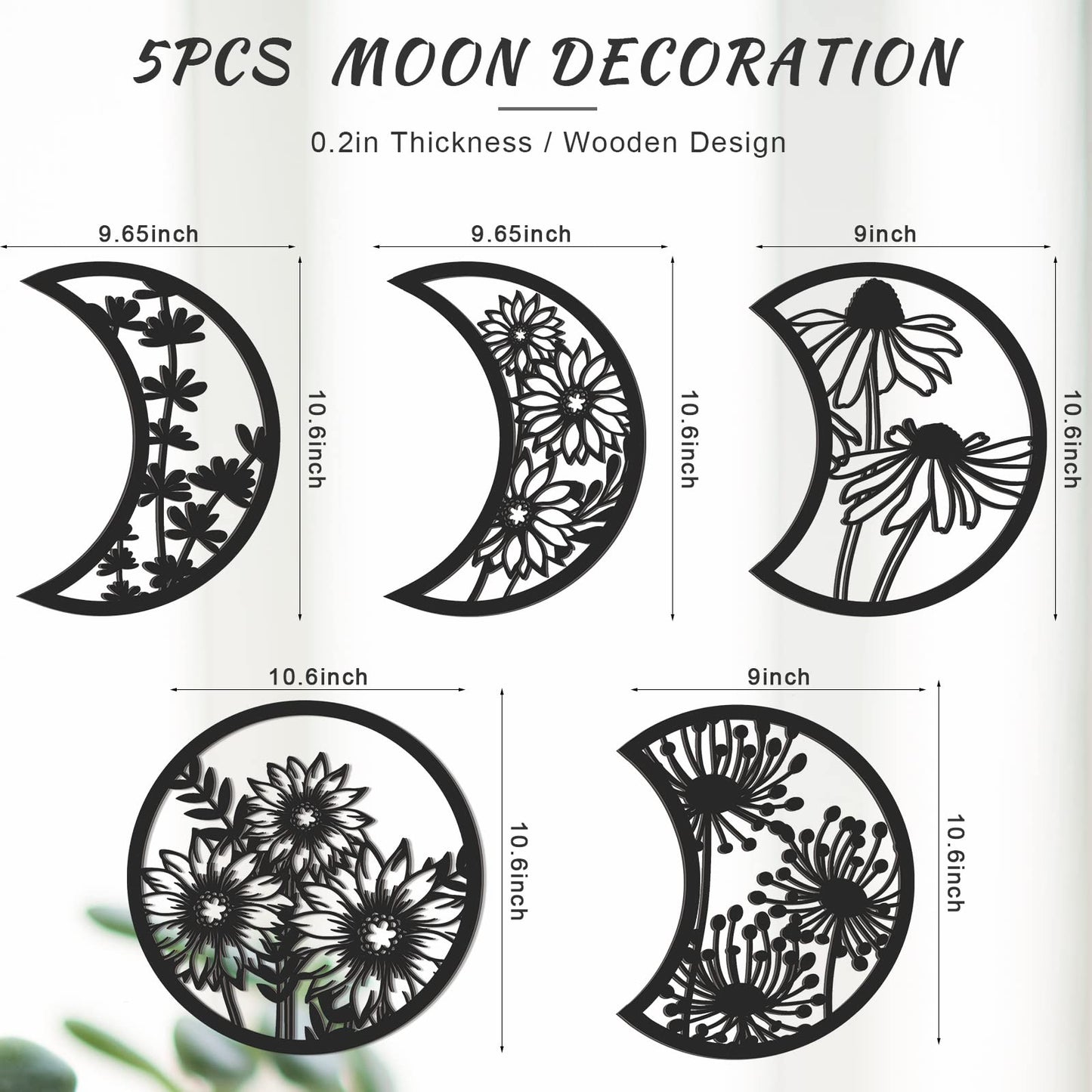 Jetec 5 Pcs Moon Phase Wall Art Decor Wall Pediments Hanging Wooden Phase Spiritual Bedroom Nordic Boho Lunar Aesthetic Art for Living Room Dorm Apartment Ornament (Black)