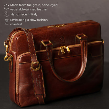 Time Resistance Leather Briefcase - Italian Handmade Leather Laptop Bag - Work Bag for Men and Women - Computer Briefcase
