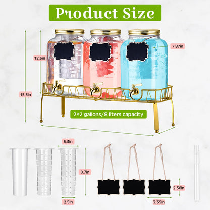 Lallisa 3 Pcs 2 Gallon Glass Drink Dispenser with Stand and Lid Mason Jar Beverage Dispenser with Stainless Steel Spigot, Hanging Chalkboard Signs, (Gold)