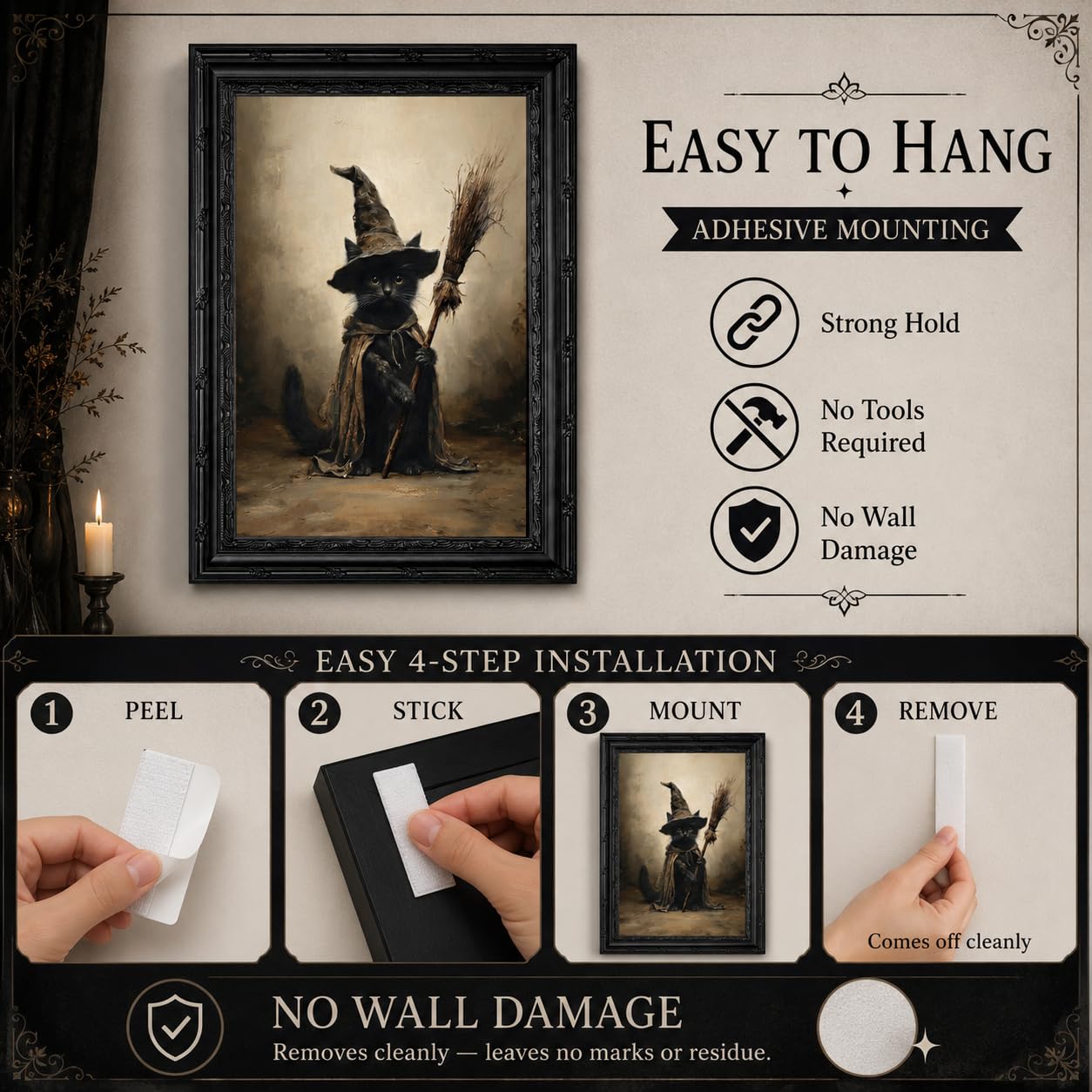 FKRYTYB Framed Halloween Wall Art, black cat witch wall decor, 9x11in
