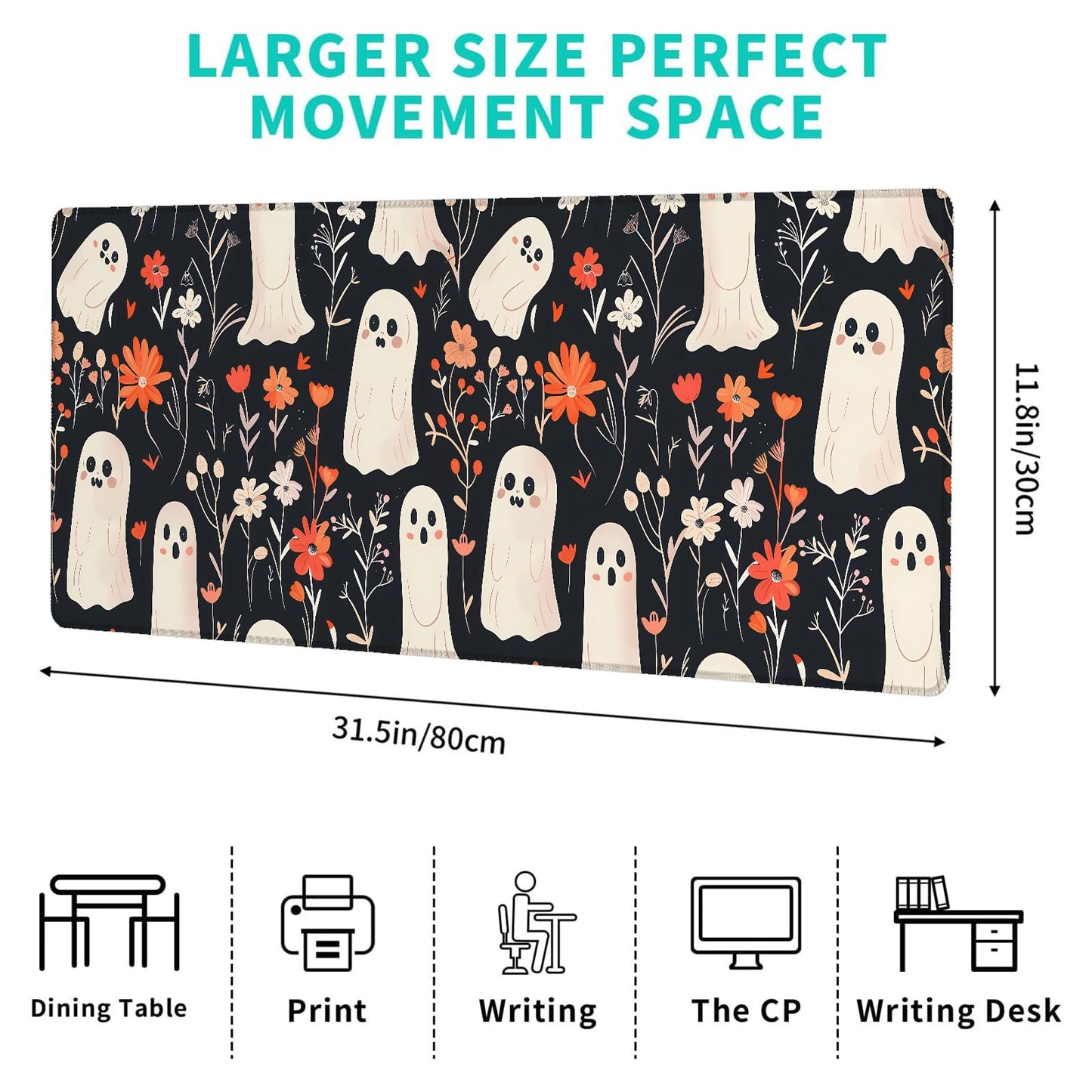 ainori Cute Ghost and Floral Mouse Pad – 12x31.5in Non-Slip Rubber Desk Mat with Halloween Design – Large Extended Mousepad for Office, Home, and Gaming – Deskmat Gifts for Halloween Lovers Decor