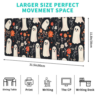 ainori Cute Ghost and Floral Mouse Pad – 12x31.5in Non-Slip Rubber Desk Mat with Halloween Design – Large Extended Mousepad for Office, Home, and Gaming – Deskmat Gifts for Halloween Lovers Decor