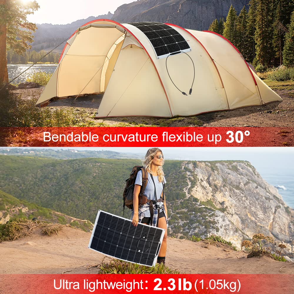 DOKIO Semi-Flexible Solar Panel 100W 12V Bendable Thin Film Monocrystalline Lightweight(4.9lb) for Caravan RV Boat Camper Trailer