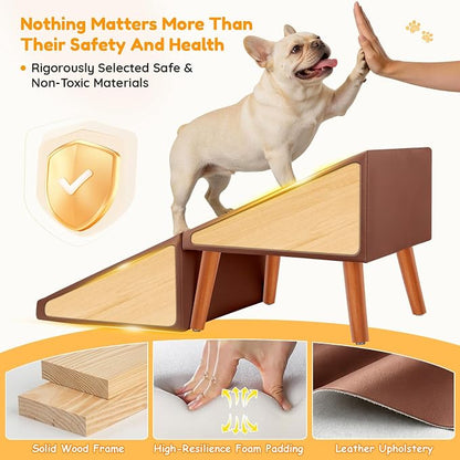 17" H Dog Stairs for Small Dogs – 4-Step Non-Slip Dog Ramp for Couch, Foldable 2-in-1 Pet Stairs & Ottoman, Upgraded Pet Steps for Puppies, Senior Dogs & Injured Pets, Solid Wood Frame (Brown)