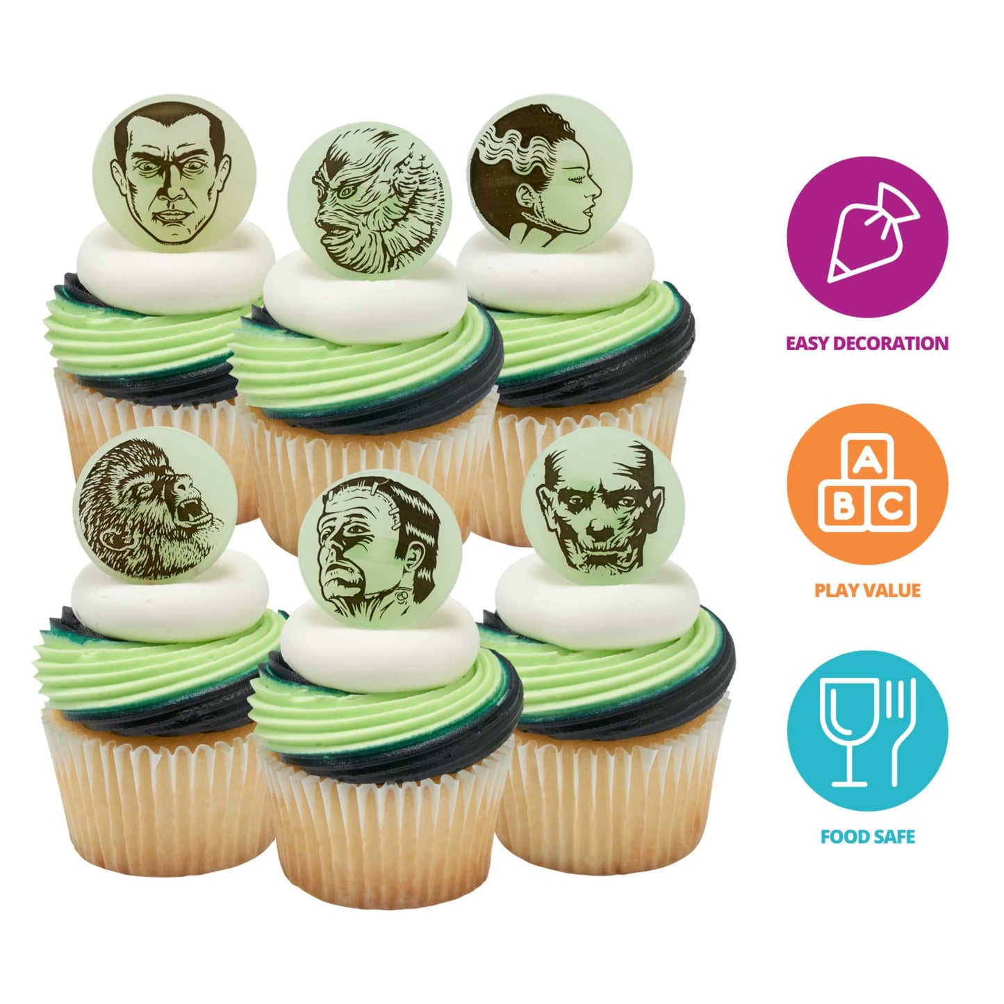24 Universal Monsters Glow In The Dark Cupcake Rings, Halloween Cupcake Decorations, Including Dracula, Frankenstein, Wolf Man, The Mummy, Invisible Man, Food Safe Cupcake Toppers – 24 Pack