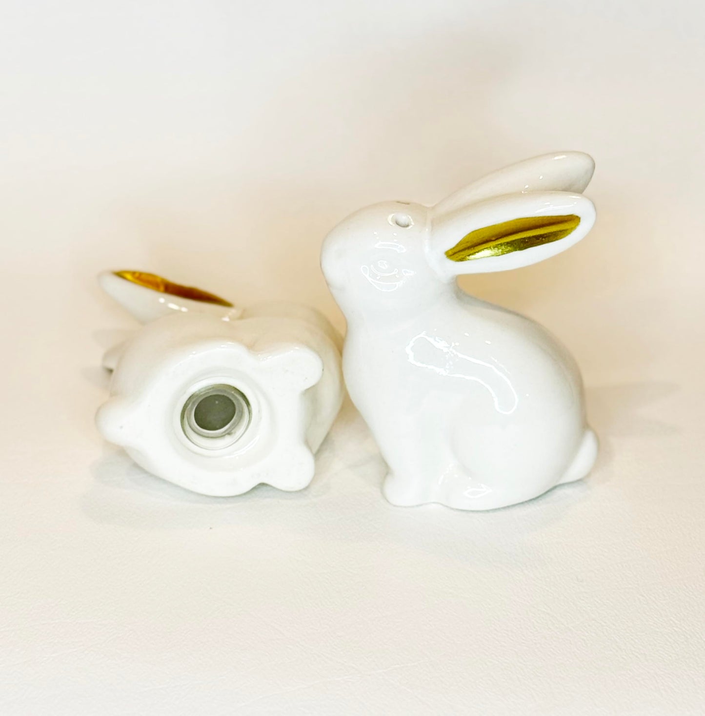 White Ceramic Easter Bunny Salt and Pepper Shaker Set with Gold Metallic Ears, 3" High, 2 Piece with Gift Box