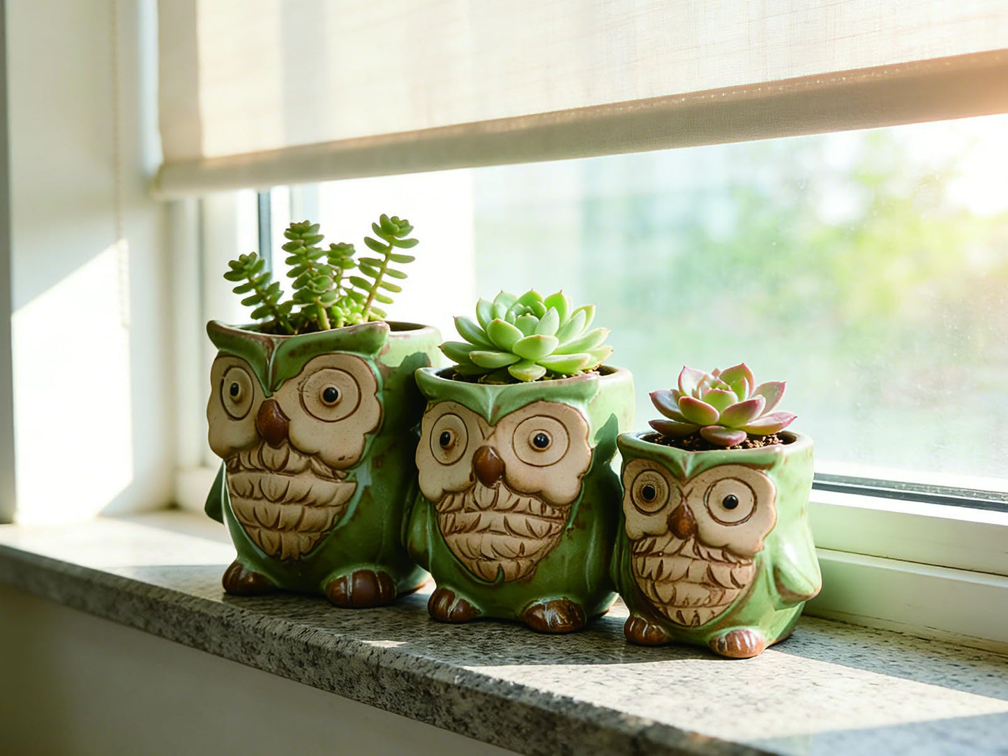 Giafiny Cute Owl Planter, Small Funny Succulent Pots, Unique Decorative Animal Statue Ceramics Plant Pot for Indoor/Outdoor Home Office with Drainage, Owl Gifts for Women Mother Teacher, Three Owls