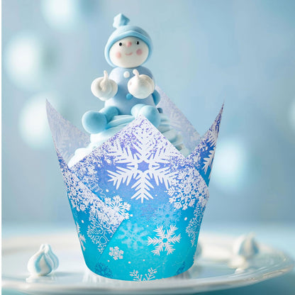 JarThenaAMCS 200Pcs Winter Snowflake Tulip Cupcake Liners Christmas Blue Purple Gradient Muffin Tulip Baking Cups Xmas Bicolor Gradient Snowflake Tulip Cupcake Wrappers for Holiday Party Supplies