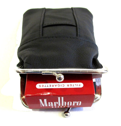 100's 120's 100% Genuine Leather Cigarette Case Lighter Pocket Kiss Lock Metal Twist Clasp Slim Durable -BLACK