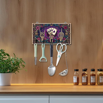 DELORIGIN Gothic Style Skull Hand Key Holder Divination Key Hooks Organizer Hanger Playing Cards Wall Mounted Wooden Key Rack with 5 Key Hooks for Home Entryway Front Door Kitchen Hallway Bedroom