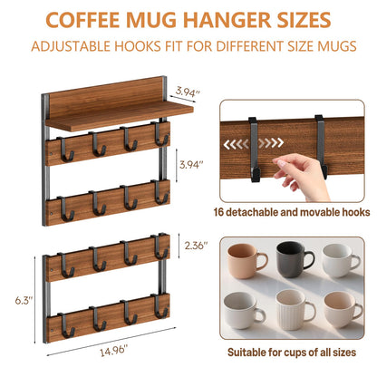 Dhmkfly 2-in-1 Coffee Cup Holder Wall Mounted, 4-Tier Coffee Mug Holder Wall Mount with 16 Adjustable Hooks and Display Shelf, Wooden Mug Rack Hanger Organizer for Home Kitchen Display and Collection