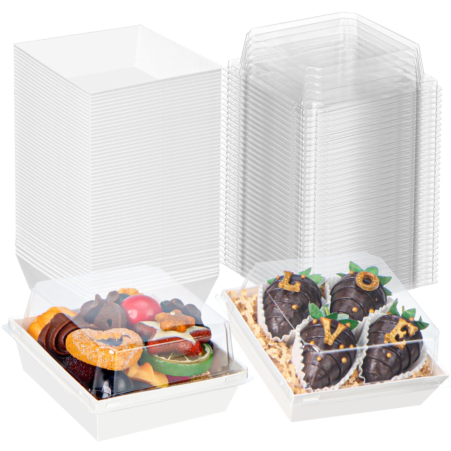 ROSPAKTEK 100Pack 4x4x2.5 Inches Charcuterie Boxes with Clear Lids - Bakery, Chocolate Covered Strawberries, Mini Cake, Pie Boxes for Christmas, Valentine's, Halloween, Easter