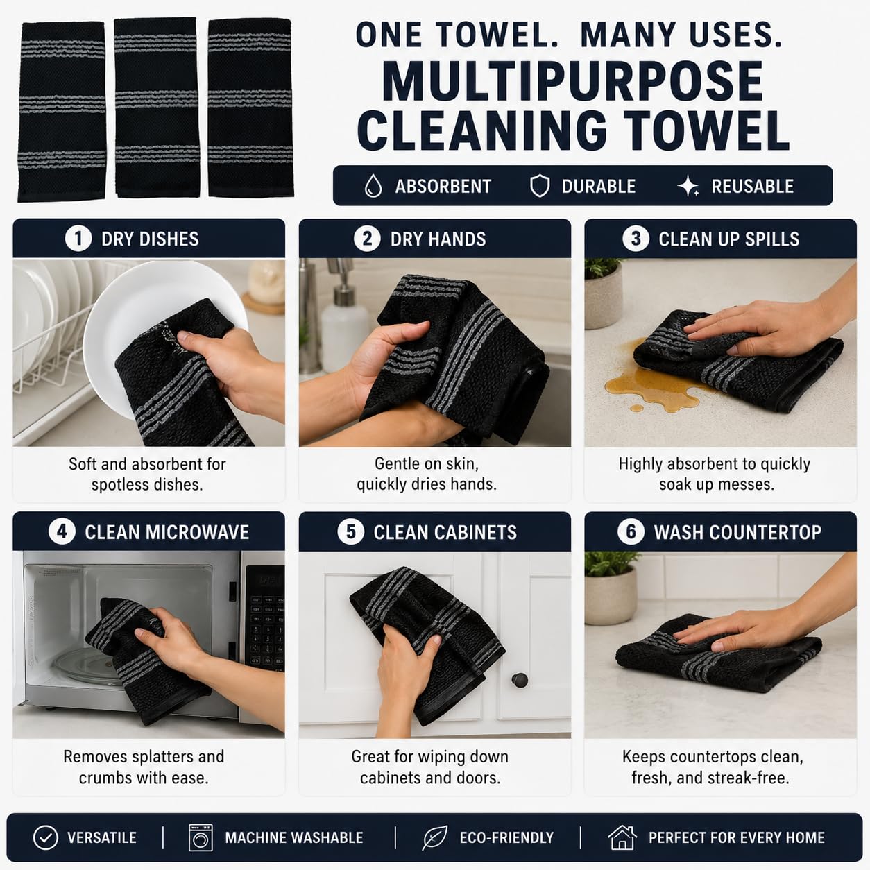 Serafina Home Black Kitchen Hand Dish Towels: Oversized 18" x 28",100% Cotton Soft Absorbent Dish Cloths for Cleaning Drying, Set of 3 Multipurpose for Everyday Use