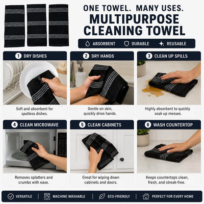 Serafina Home Black Kitchen Hand Dish Towels: Oversized 18" x 28",100% Cotton Soft Absorbent Dish Cloths for Cleaning Drying, Set of 3 Multipurpose for Everyday Use