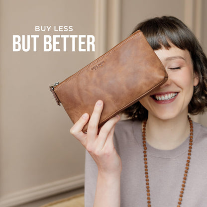BERLINER BAGS Vintage Genuine Leather Makeup Bag Anna, Cosmetic Bag for Purse, Travel and Cosmetics Pouch with Zipper for Women- Brown