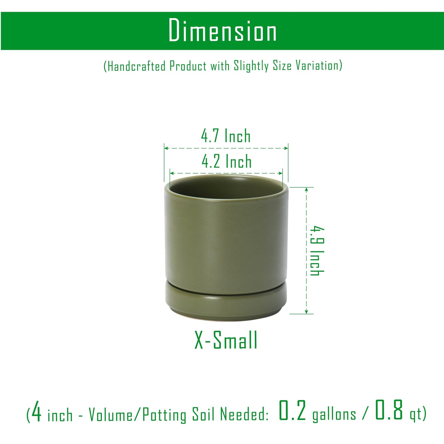 D'vine Dev Set of 2 Plants Pots, 4.7 Inch Ceramic Planter Pot for Plants with Drainage Hole and Saucer, Olive, 94-V-B-J