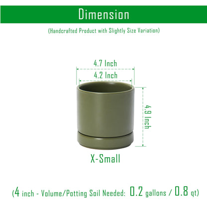 D'vine Dev Set of 2 Plants Pots, 4.7 Inch Ceramic Planter Pot for Plants with Drainage Hole and Saucer, Olive, 94-V-B-J