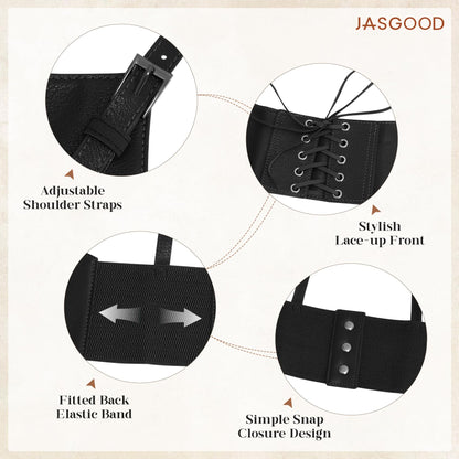 JASGOOD Women Faux Leather Corset Waist Belt Elastic Wide Underbust Corset Lace-up Steampunk Waspie Belt For Halloween