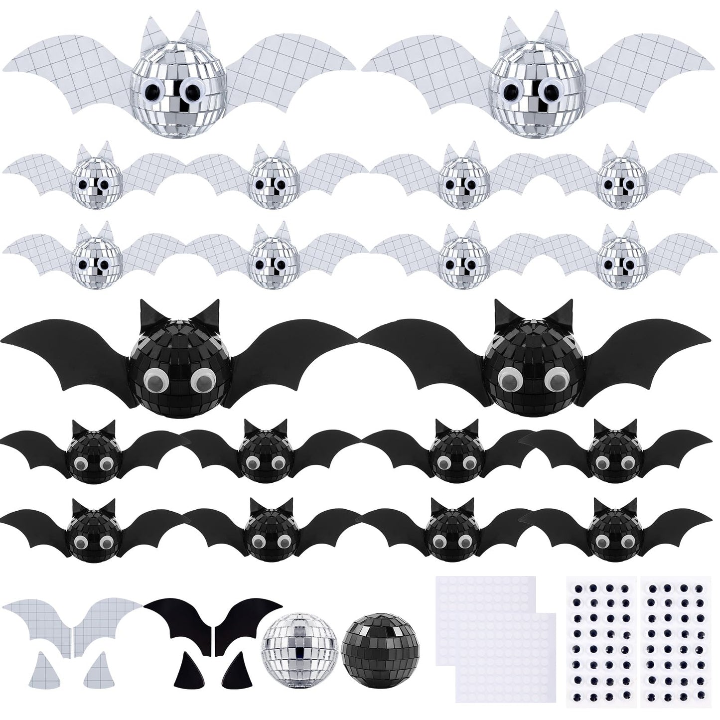 24 Pcs Halloween Disco Bats Halloween Disco Decor DIY Disco Ball for Halloween Party Decor Glitter Disco Ball with Sparkle wing Wiggle Googly Eyes Round Dot Sticker for Halloween DIY Bats