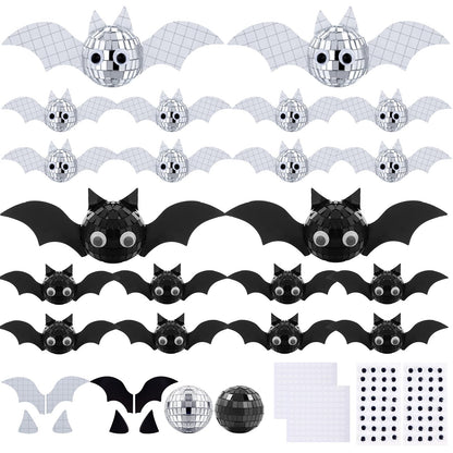 24 Pcs Halloween Disco Bats Halloween Disco Decor DIY Disco Ball for Halloween Party Decor Glitter Disco Ball with Sparkle wing Wiggle Googly Eyes Round Dot Sticker for Halloween DIY Bats