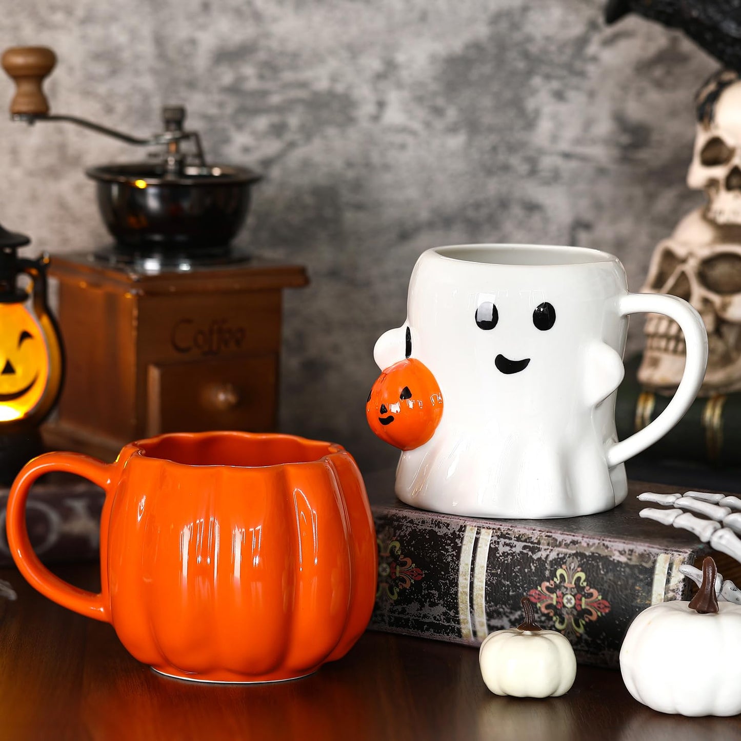 LemonRoad 2 Pcs 14 oz Pumpkin Cute Mugs Happy Ghost Pumpkin Pattern Mugs Novelty Ceramic 3D Coffee Cups Gifts for Hot Chocolate Cocoa Milk Tea Coffee Lover