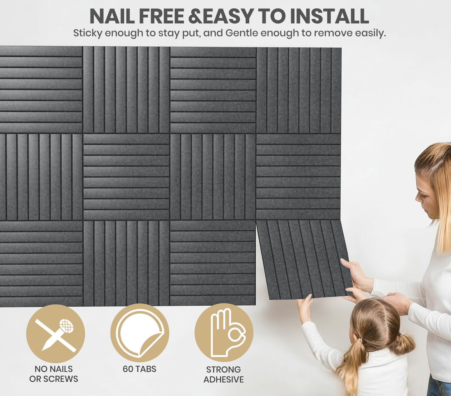 Large Cork Board Alternative 48” X 36” Felt Bulletin Board Tiles, with 30 Pushpins, 60 Adhesive Tabs,12-Pack Slat Wall Paneling, Cork Boards for Office Push Pin Board Felt Board - Dark Gray