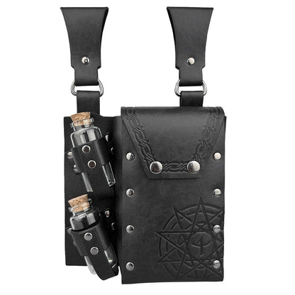 HiiFeuer Medieval Alchemy Faux Leather Belt Bag with 2 Cork Potion Vials, Fantasy Wizard Waist Pouch Side Pack for Ren Faire (Black B)