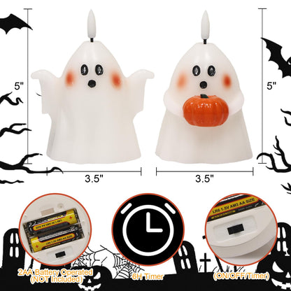 Eldnacele Spooky Ghost Halloween Flameless Candles with Timer Set of 2 Battery Operated LED Pillar Candles Ghost Light Real Wax 3D Wick Flickering Long Lasting Home Indoor Decor(3.5" D x5 H)