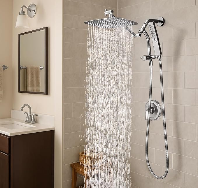 G-Promise All Metal 10 Inch Rain Shower Head with Massage Mode Handheld Spray Combo, 3-Way Diverter with Pause Setting, Full Body Coverage, Modern Bathroom Upgrade (Chrome)