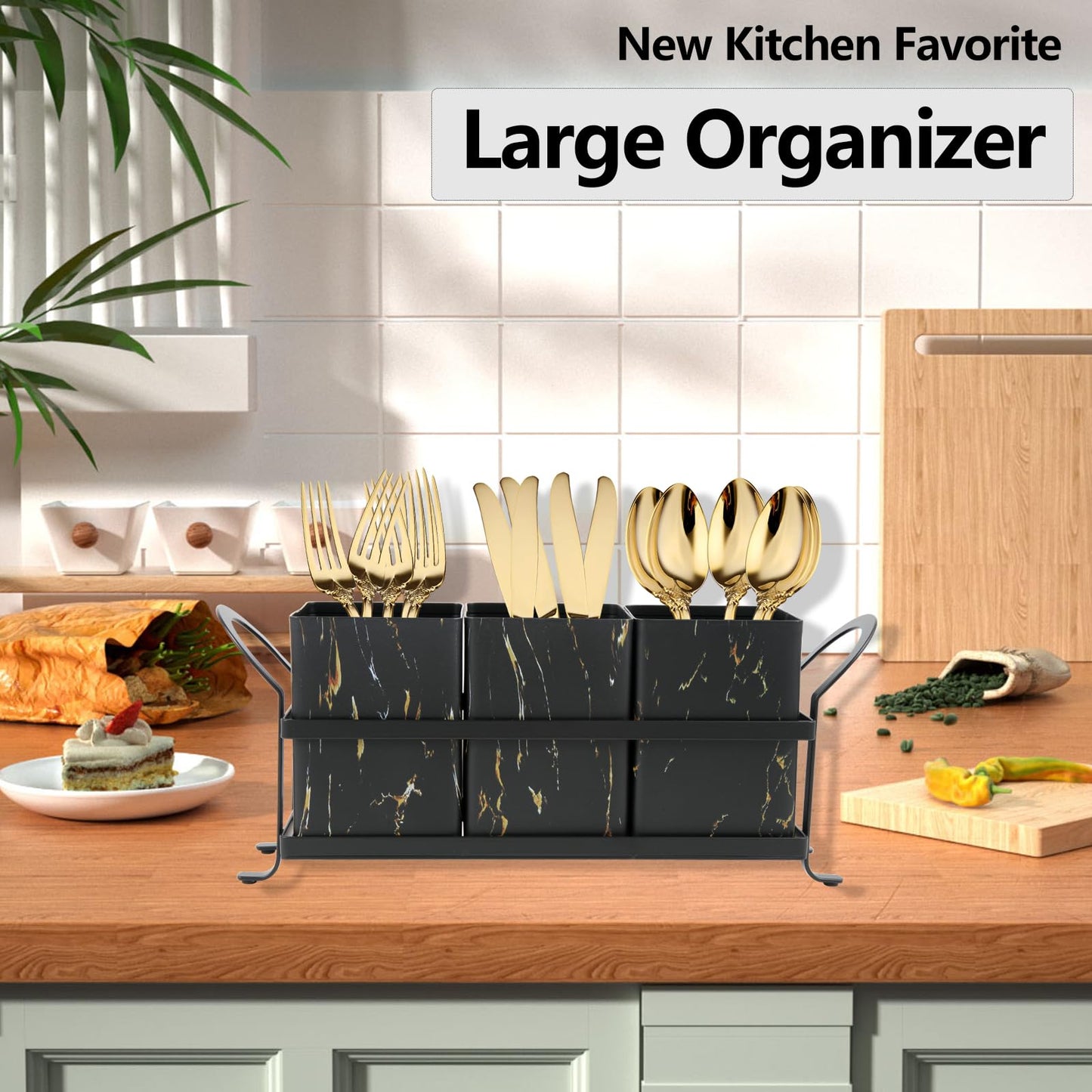 NelyBet Kitchen Utensil holder for Countertop, Silverware Caddy,Golden Marble Black Flatware Holder Utensil Cutlery Organizer for Party Gatherings, Metal and Durable Design