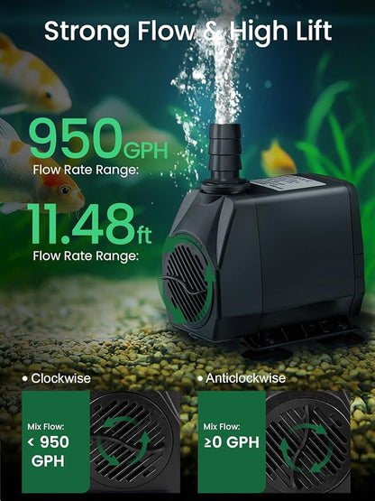 GROWNEER 950GPH Submersible Pump 50W Ultra Quiet Fountain Water Pump 3600L/H, with 9.8ft High Lift, 4 Nozzles for Aquarium, Fish Tank, Pond, Hydroponics, Statuary, Garden, Black (950GPH)