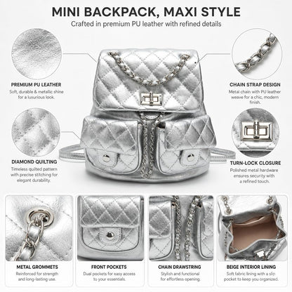 COC.EFRENAR Quilted Mini Backpack for Women, Chain Strap Small Purse with Flap Closure, Fashion Shoulder Bag Cute Travel Daypack(Silver)