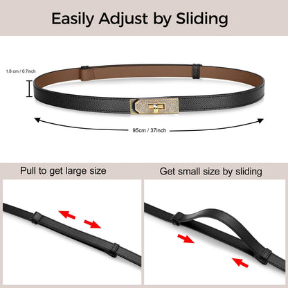MoYoTo Women’s Stylish Rhinestone Gold Buckle Skinny Leather Belt Turn Lock Thin Waist Belts for Dresses Jeans Coats (Light Grey)