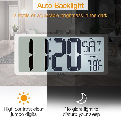 XREXS Large Digital Wall Clock with Backlight, 16.9 Inch Jumbo LCD Screen with Time/Calendar/Temperature Display, Alarm Clocks for Bedroom Home Decor, Count Up & Down Timer (Batteries Included)