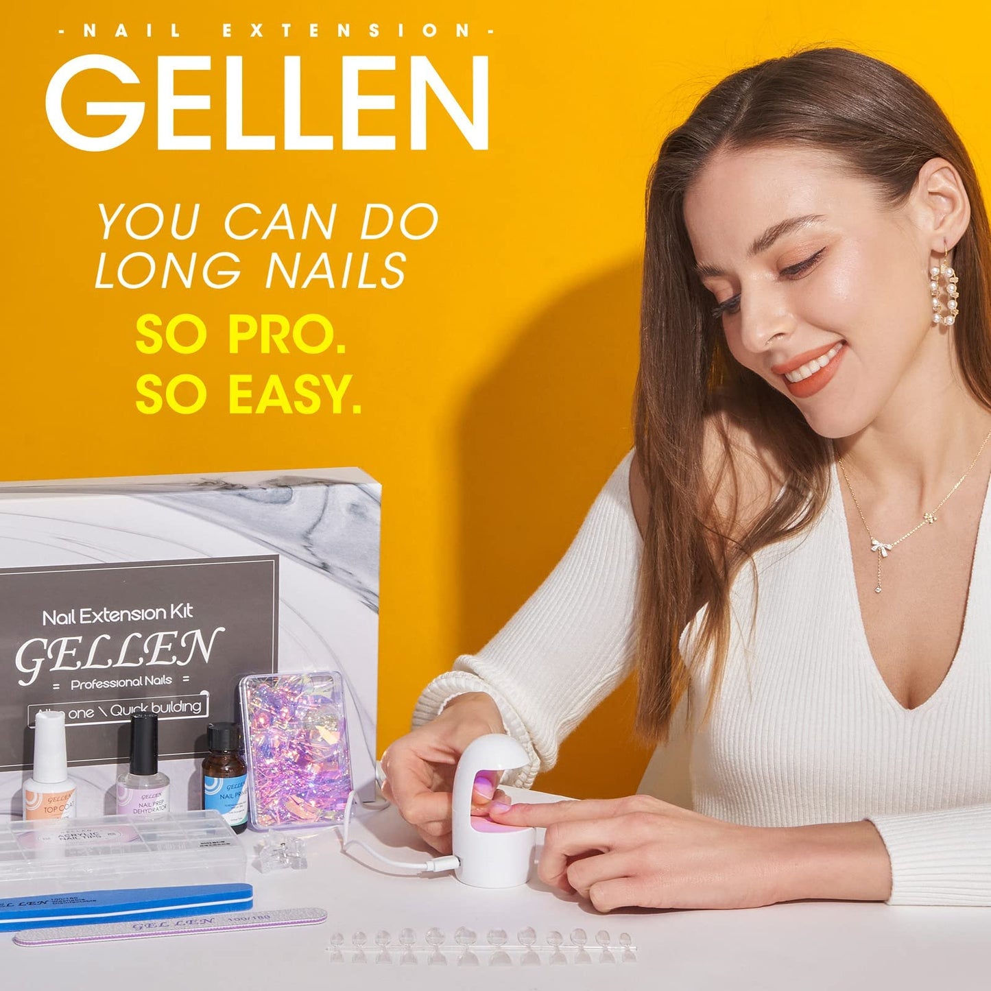 Gellen Gel Tips Nail Extension Kit, Gel Nail Kit with 240Pcs Almond Tips, 3 in 1 UV Glue for Nail Tips, Prep Dehydrator and Primer, U V LED Cure Lamp, Decorations for DIY Manicure Set