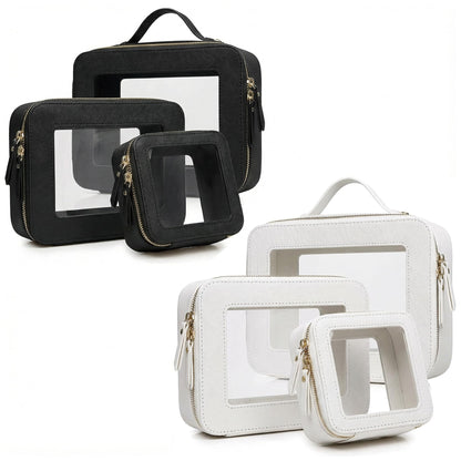 LAZYTAIL Makeup Bag | Transparent Toiletry Bag | Portable Waterproof Makeup Storage Bag | Travel-Specific Skincare Storage Bag | 2 Sets, L+M+MINI (White+Black)