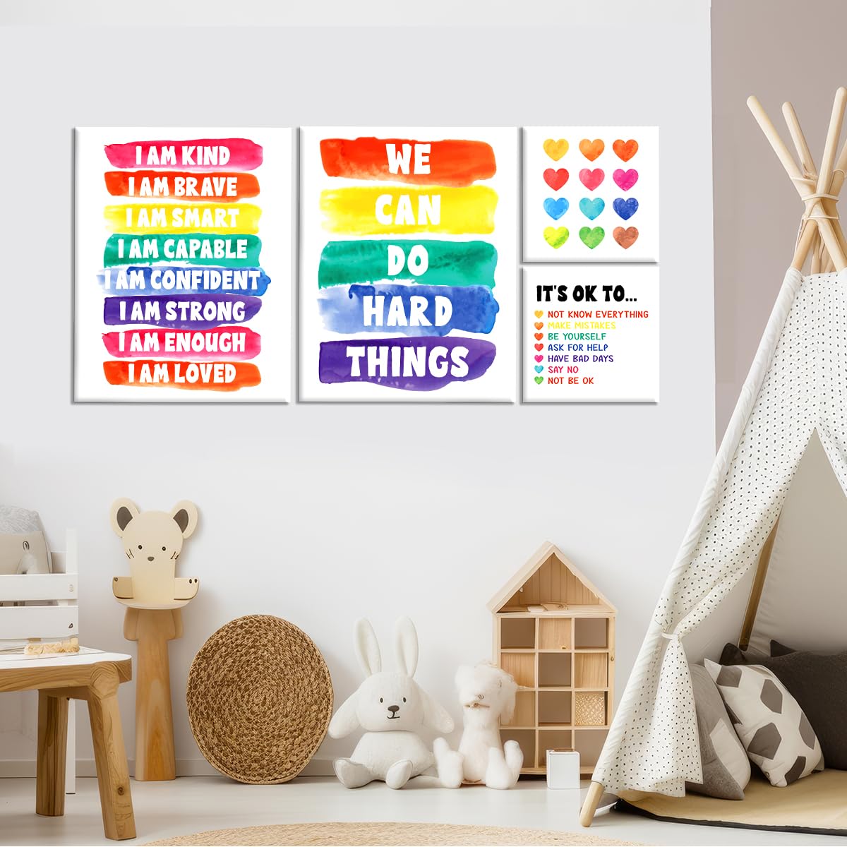 Kids Affirmation Wall Decor,Colourful Positive Daily Affirmations Wall Art Canvas Frame Poster Print for Kids Bedroom Nursery Classroom Playroom Wall Decor,Set of 6