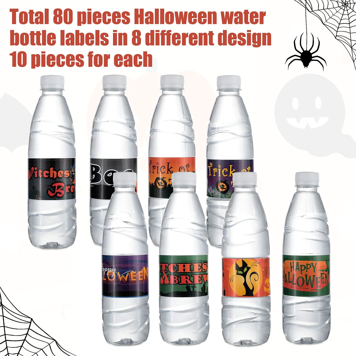 Marspark 80 Pieces Halloween Water Bottle Labels Ghost Witches Pumpkin Wrap Stickers Bottle Wrappers Halloween Party Supplies Decor Waterproof Colorful Party Water Bottle Label Sticker, 8.5 x 2 Inches