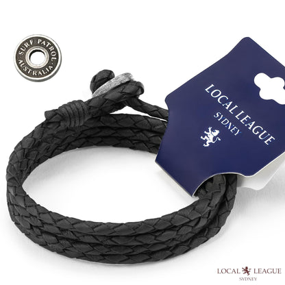 LOCAL LEAGUE Mens Leather Bracelet SURF PATROL - Fully Adjustable - BLACK Braided Cord for Men, Women, Multilayer Wristband Surfer Wrap Rope CALI VIBES BEACH Party Holidays Festival
