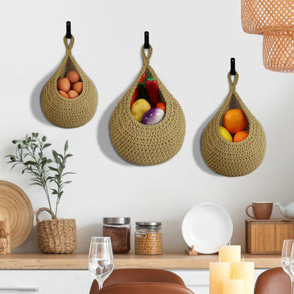 CKCY Hanging Fruit Baskets for Kitchen, 3 Pack Boho Wall Hanging Basket Woven Storage Garlic Keeper for Vegetable Produce Hammock Holder Home Kitchen Decor, Brown
