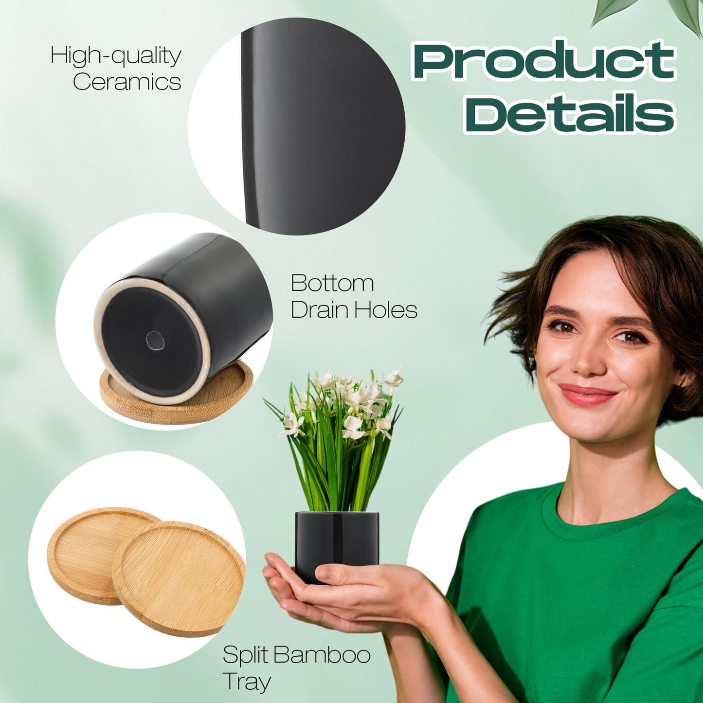 Cindeer 12 Pack Small Succulent Plants Pots 3 Inch Ceramic Flower Planter Pot and Bamboo Tray with Drainage Hole for Succulents Cactus Indoor Garden Decorations, Plant Not Included(Black)