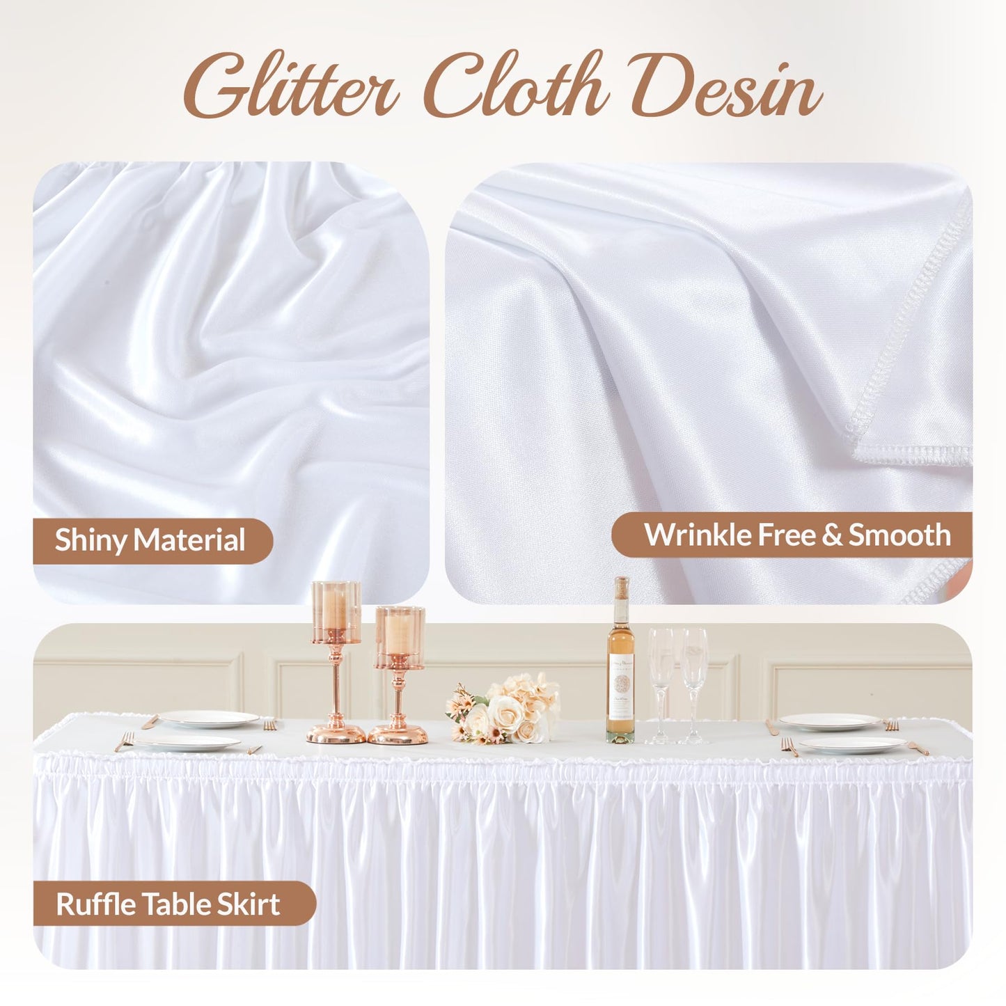 14ft Length Satin White Table Skirt Rectangle Tables, Wrinkle Resistant Ruffle Table Skirting Glitter Teacher Desk Cover Skirt for Dorm Office Birthday Party Wedding Buffet Displays Trade Shows