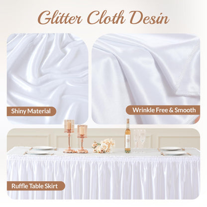 14ft Length Satin White Table Skirt Rectangle Tables, Wrinkle Resistant Ruffle Table Skirting Glitter Teacher Desk Cover Skirt for Dorm Office Birthday Party Wedding Buffet Displays Trade Shows